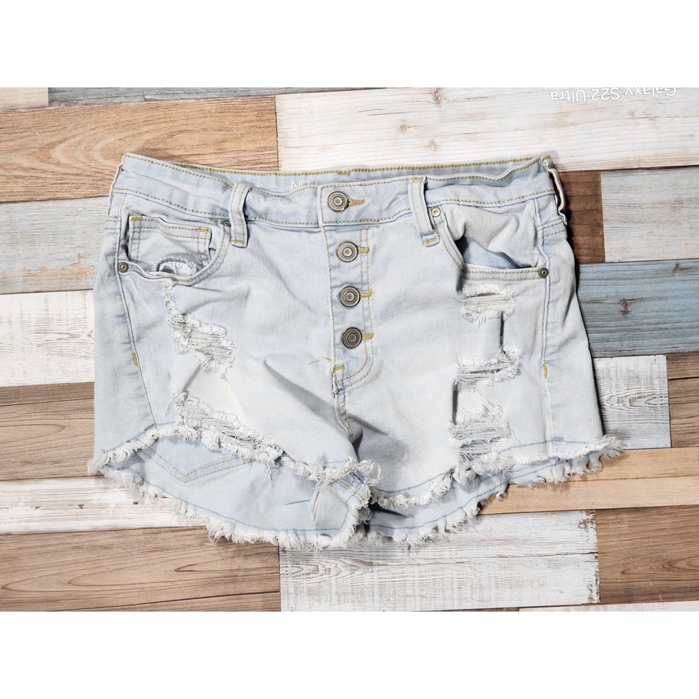 No Boundaries Womens Light Wash Distressed Denim Shorts Button Fly Dist Sz 9